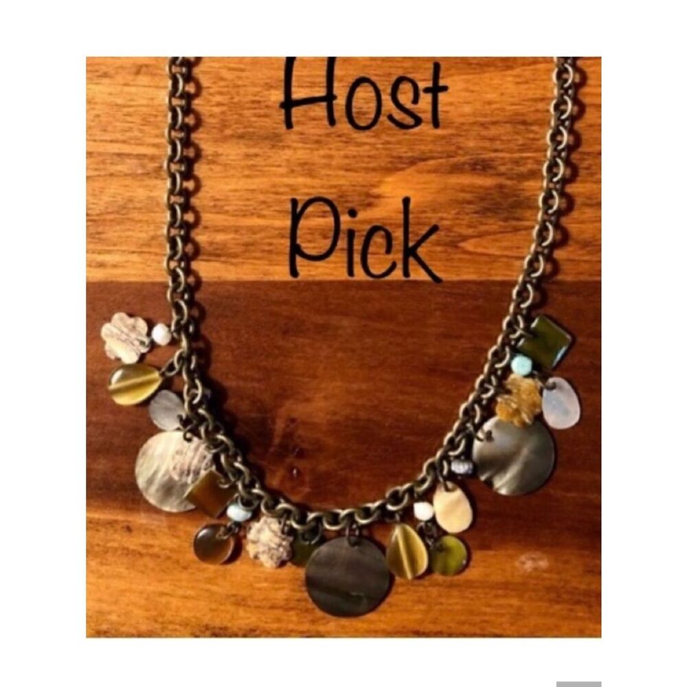 Necklace with Bronze Chain and Mother of Pearl, Gold, and Teal Stones 21” Long